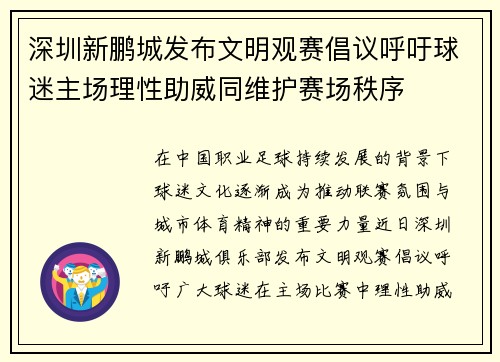 深圳新鹏城发布文明观赛倡议呼吁球迷主场理性助威同维护赛场秩序